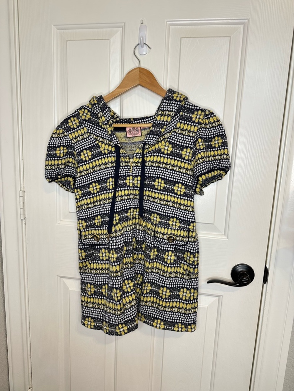 RARE Y2K Juicy Couture Blue Yellow Floral Short Sleeve Zip Up Sz L Mcbling 2000s